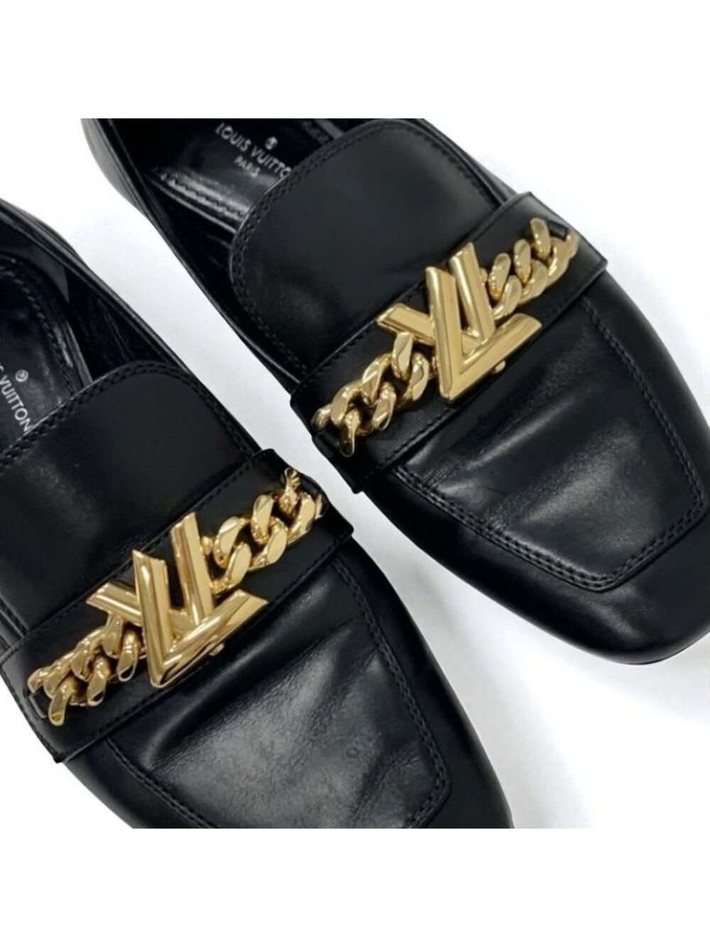 Louis Vuitton Upper Case Line Loafers Leather Shoes Black Gold Chain - Picture 10 of 11